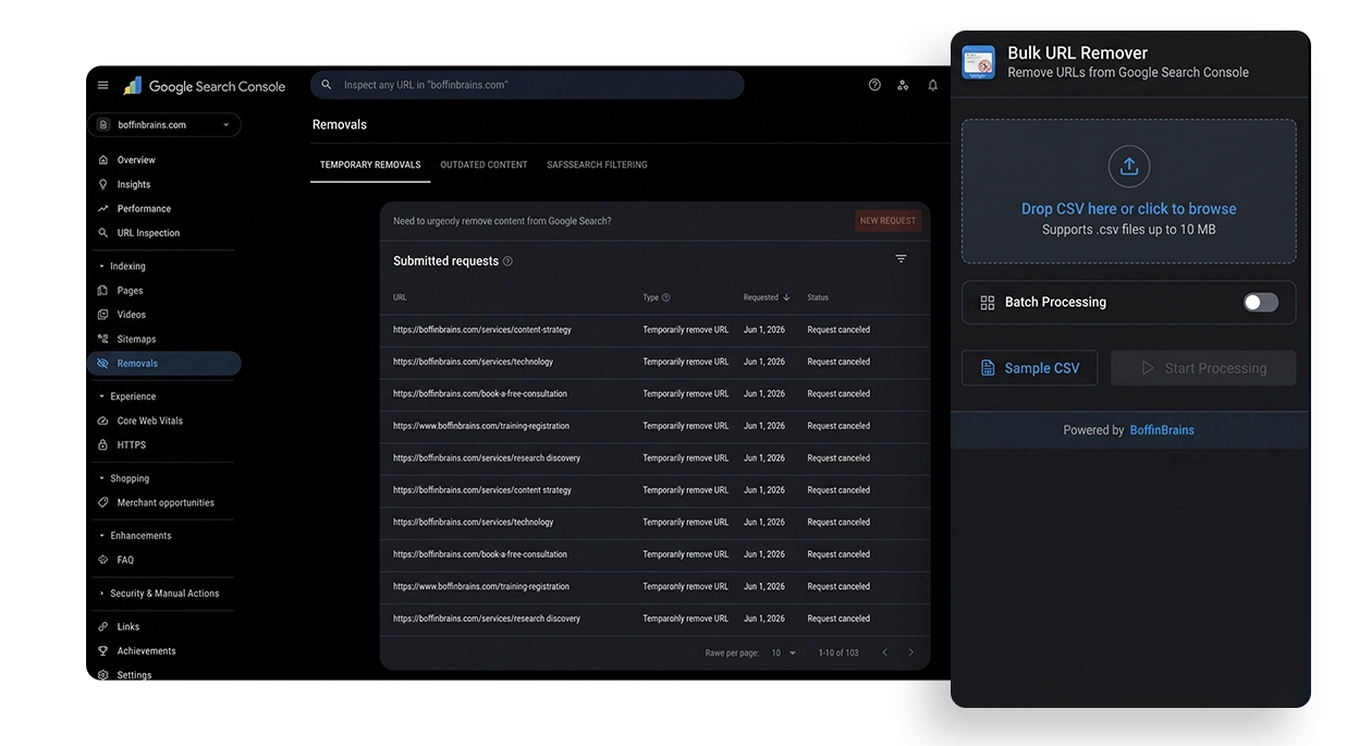 BB SEO Tool bulk URL removal for Google Search Console