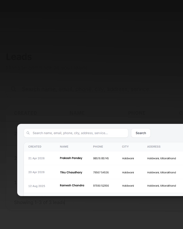 BB Pest Control CRM lead management table with customer contact details