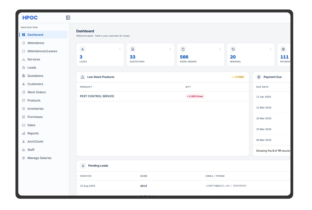 Pest Control CRM operations and job management dashboard