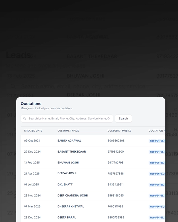 BB Pest Control CRM quotations table showing customer quotes and billing status