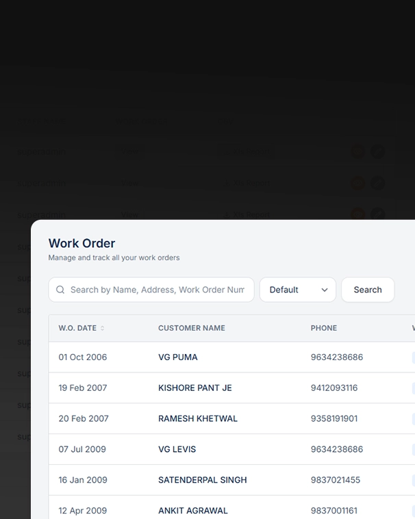 BB Pest Control CRM work order tracking table with customer and technician details